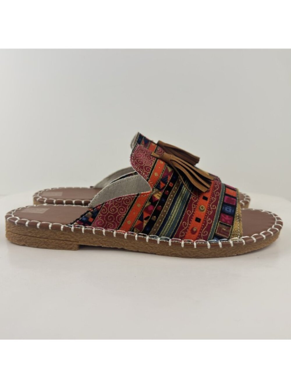 Boho Slide Sandals Womens 9.5 EU 41 Tassel Open Toe Multicolor Tribal Summer NEW - Picture 4 of 12